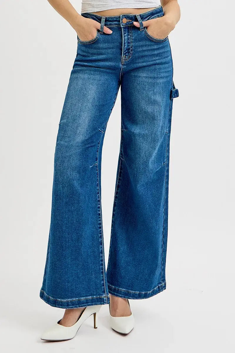 RISEN Full Size High Rise Wide Leg Patch Detailed Jeans Plus Size - Trendsi - Flyclothing LLC