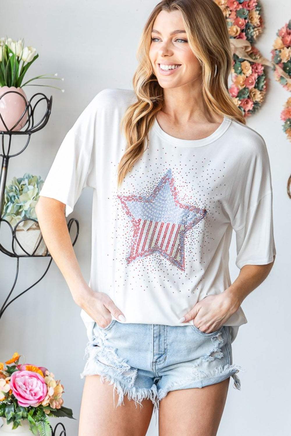 Heimish Full Size Star Patch Short Sleeve T-Shirt - Trendsi - Flyclothing LLC