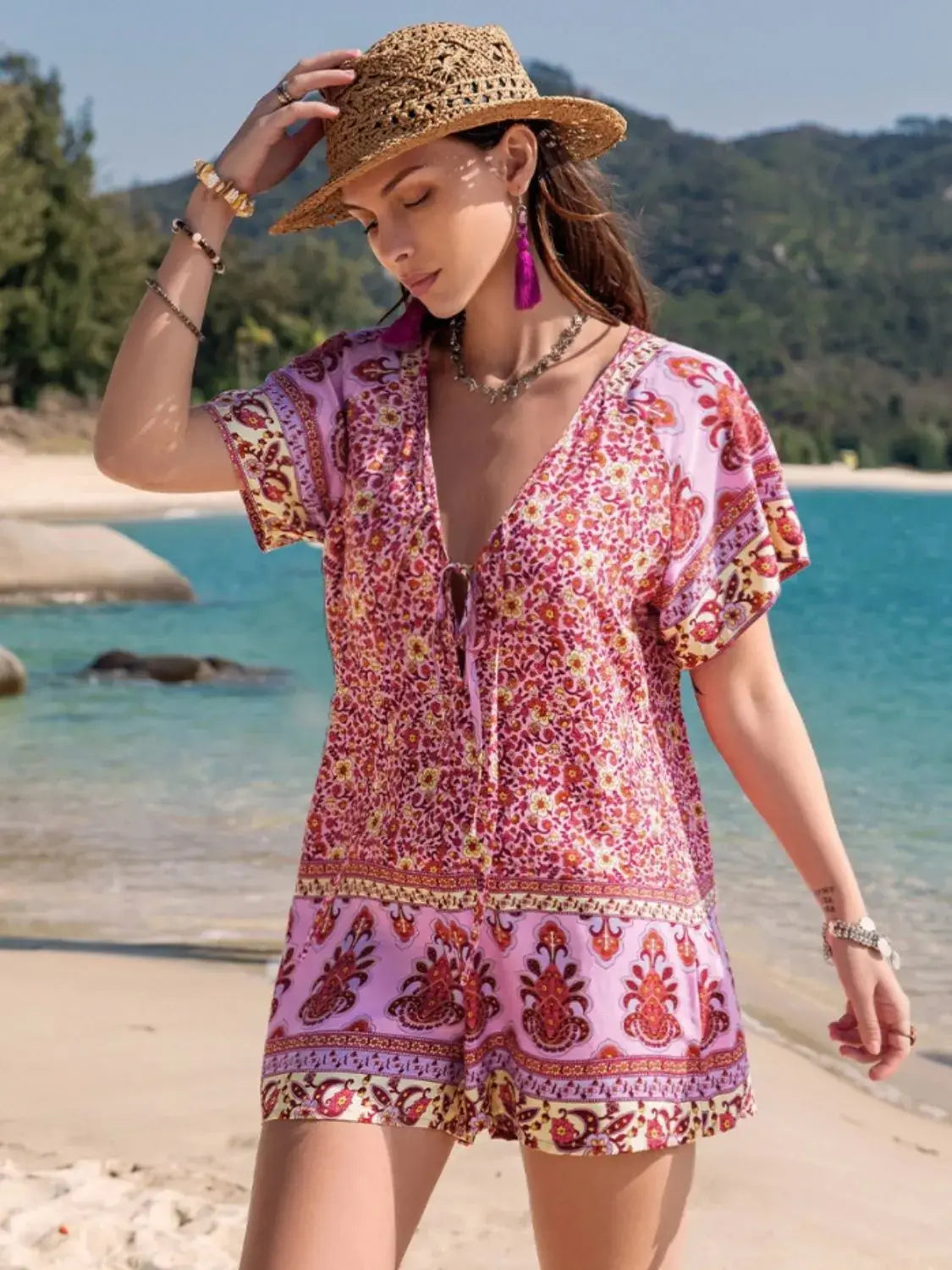 Printed V-Neck Short Sleeve Romper - Trendsi - Flyclothing LLC