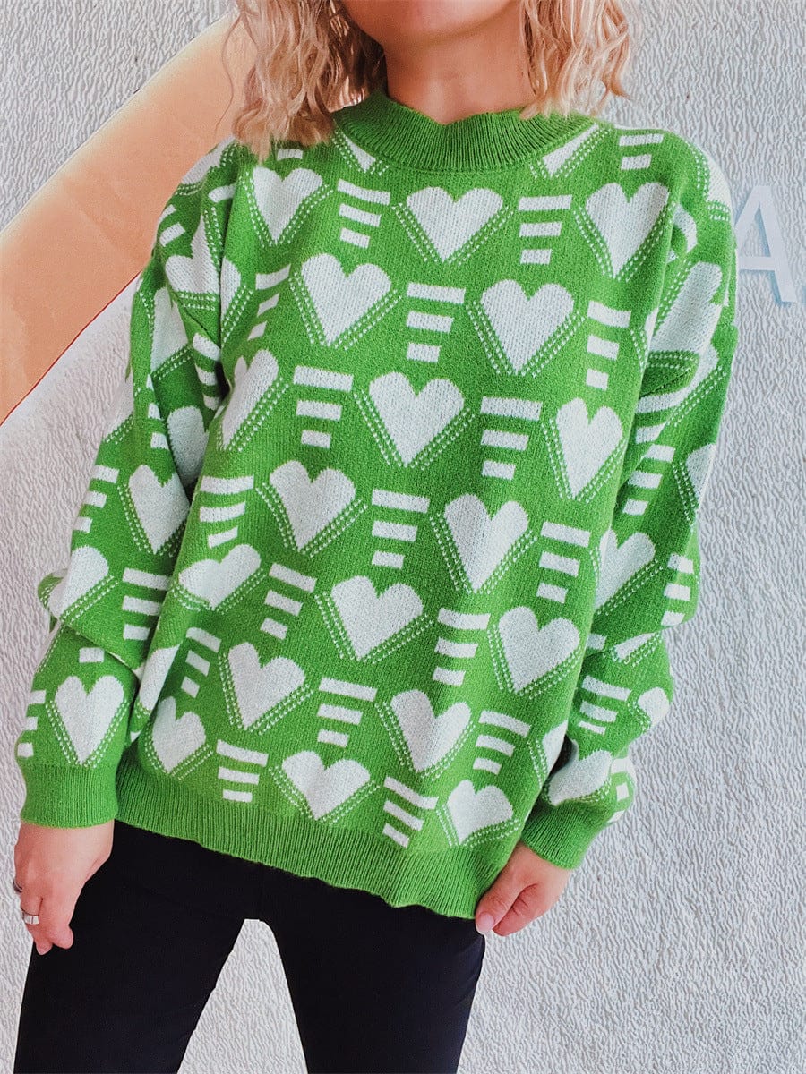 Heart Contrast Long Sleeve Dropped Shoulder Sweater - Trendsi