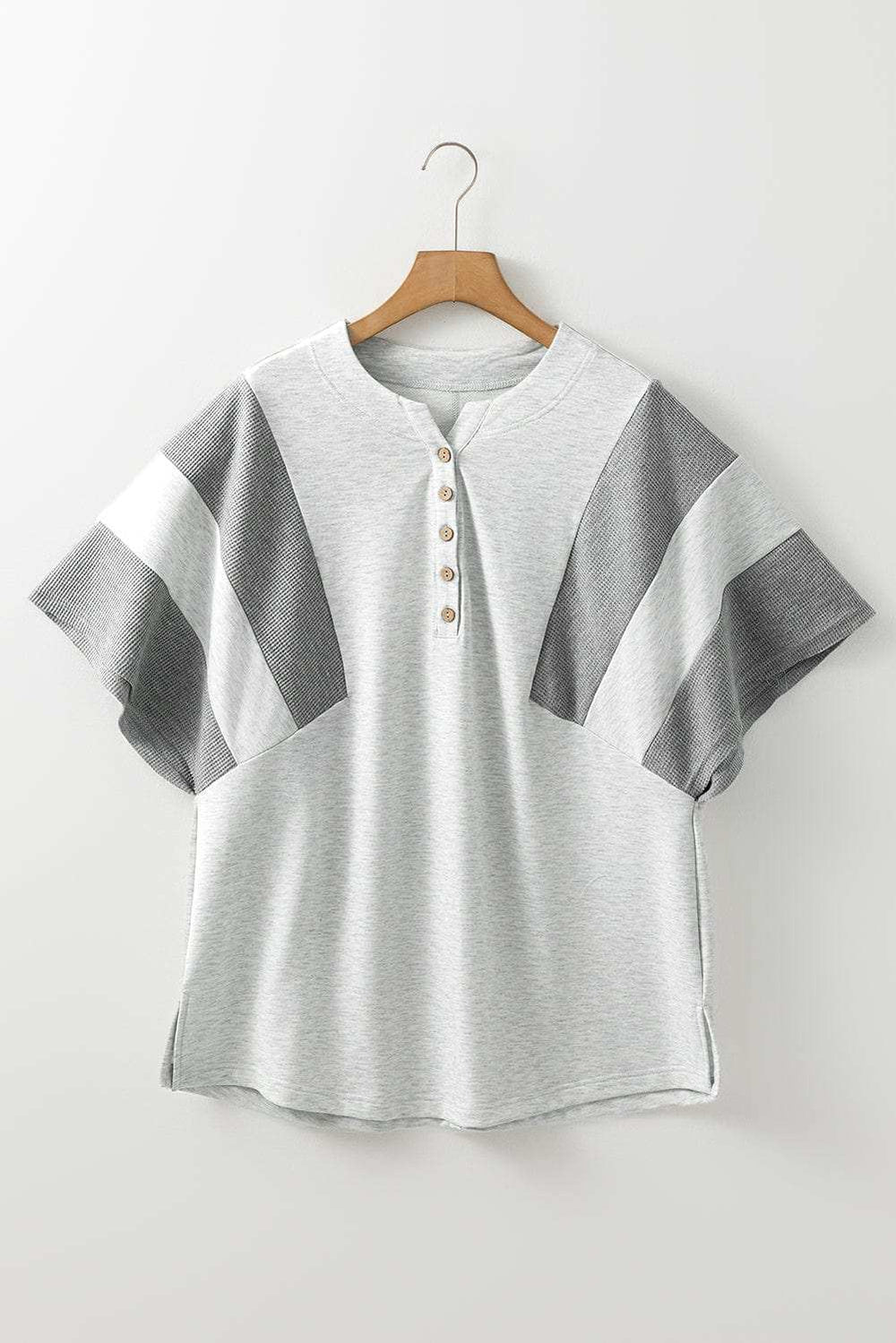 Two Tone Contrast Waffle Knit Patched Buttoned V Neck Top - Trendsi - Flyclothing LLC