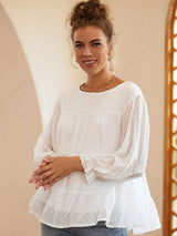 Full Size Swiss Dot Ruffled Round Neck Long Sleeve Blouse - Trendsi - Flyclothing LLC