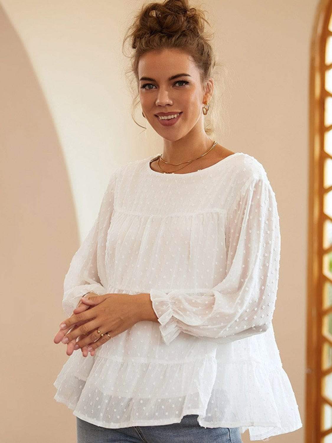 Full Size Swiss Dot Ruffled Round Neck Long Sleeve Blouse - Trendsi - Flyclothing LLC
