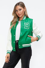 Love Me Now PU Leather Contrast Snap Down Bomber Jacket - Trendsi