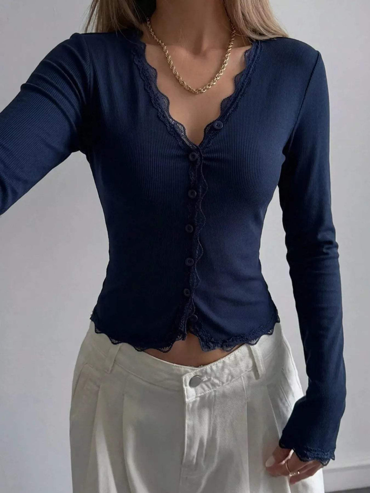 Lace Trim V-Neck Ribbed Long Sleeve Blouse - Trendsi - Flyclothing LLC