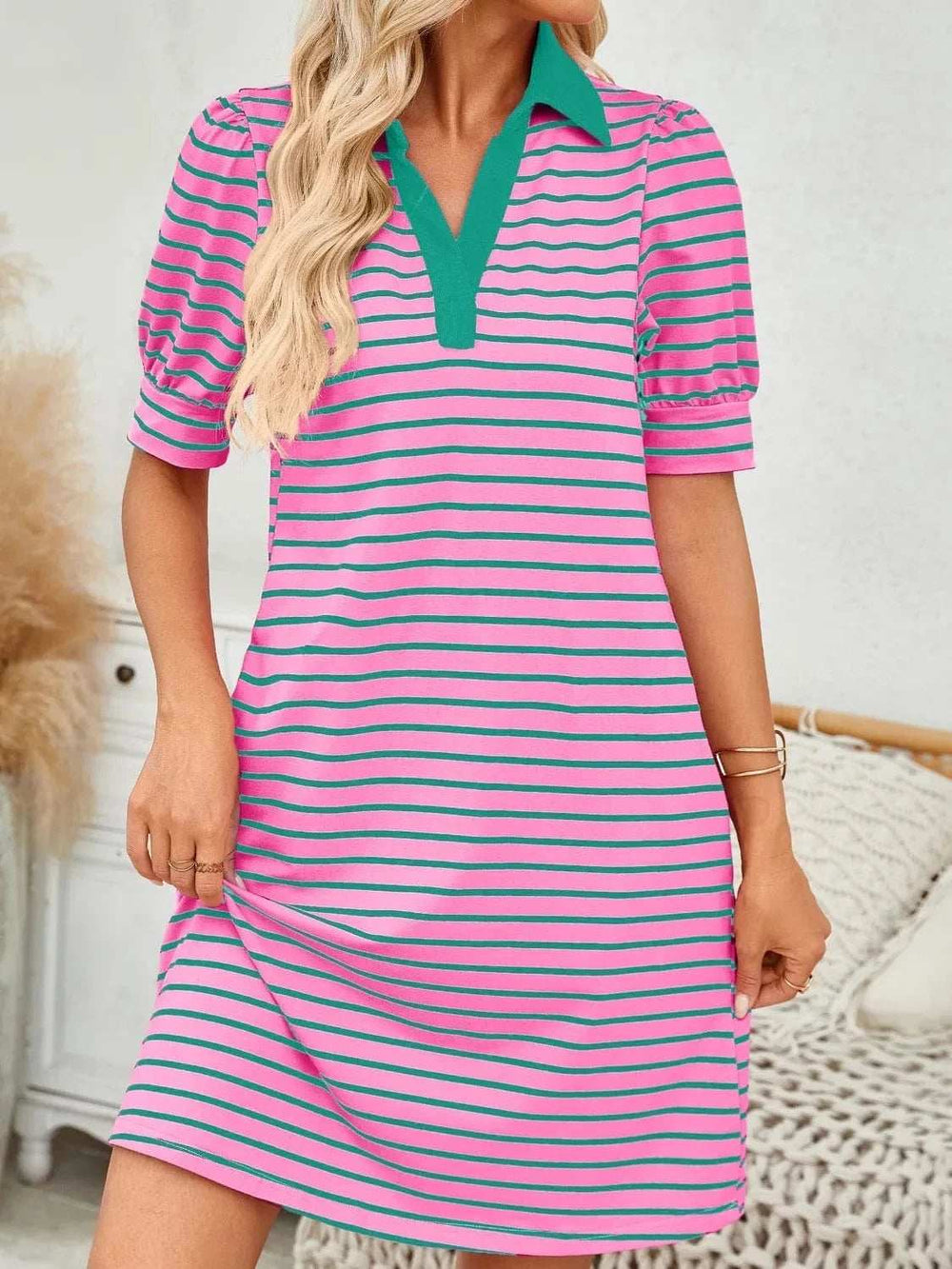 Contrast Striped Short Sleeve Mini Dress - Trendsi - Flyclothing LLC
