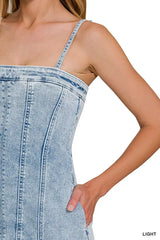 Zenana Spaghetti Strap Exposed Seam Light-Wash Dress - Trendsi - Flyclothing LLC