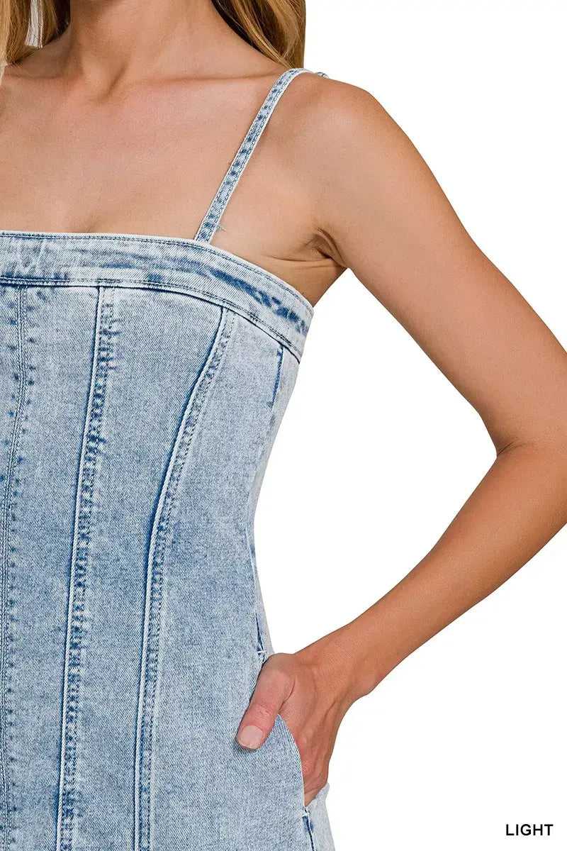 Zenana Spaghetti Strap Exposed Seam Light-Wash Dress - Trendsi - Flyclothing LLC