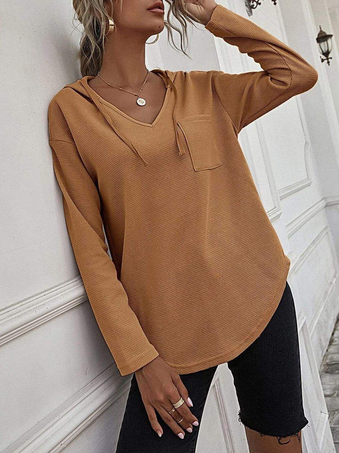 Drawstring Waffle Knit Long Sleeve Hooded Top - Trendsi - Flyclothing LLC