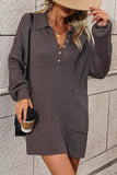 Collared Neck Long Sleeve Sweater Dress with Pockets - Trendsi