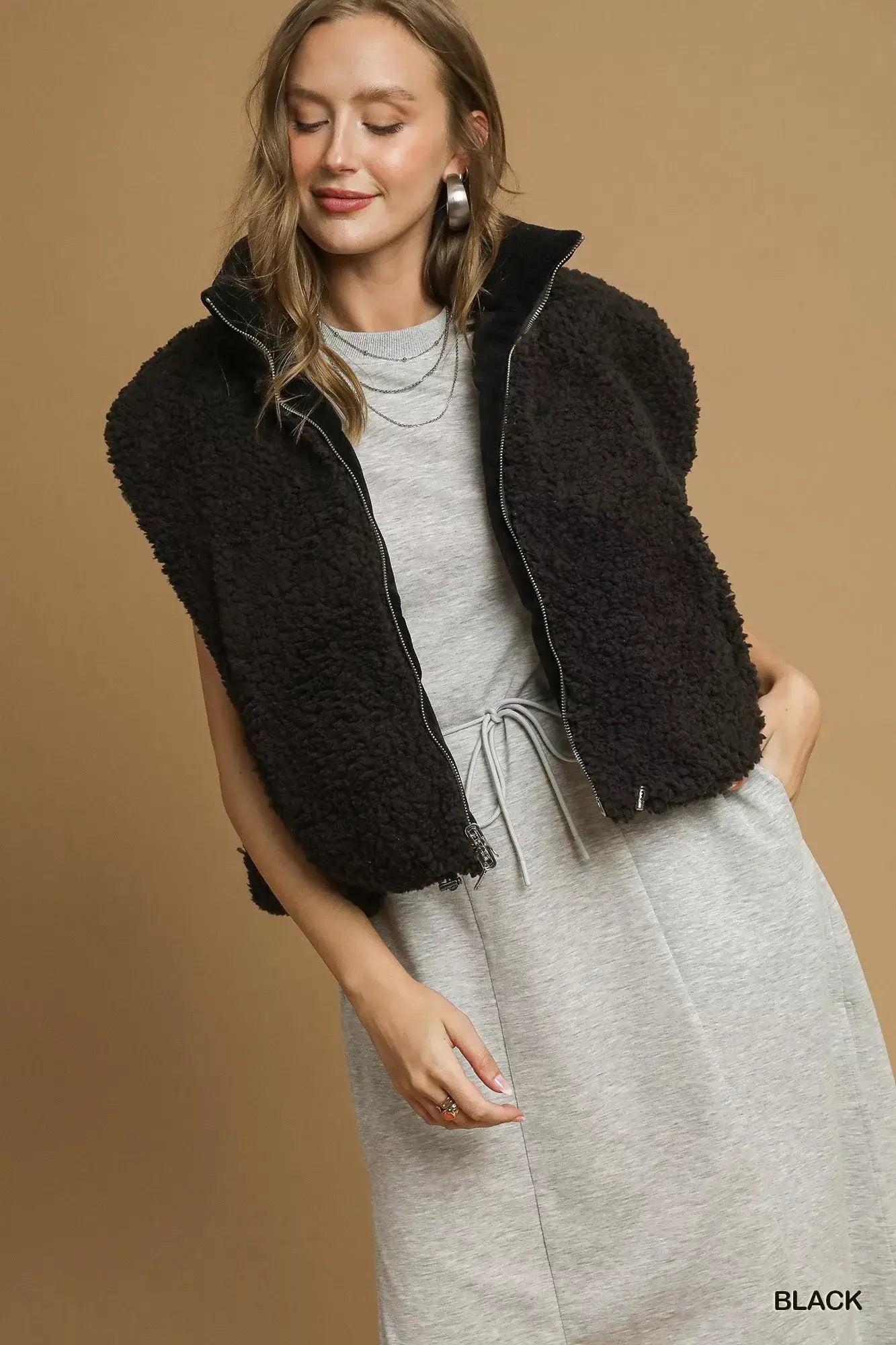 Umgee Sherpa-Lined Zip Vest with Drawstring Hem - Trendsi - Flyclothing LLC