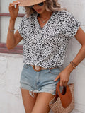 Printed V-Neck Short Sleeve Blouse - Trendsi