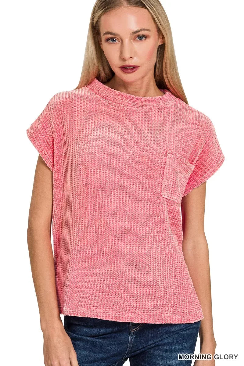 Zenana Chenille Waffle Short Sleeve Sweater - Trendsi - Flyclothing LLC