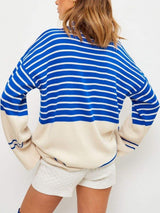 Striped Mock Neck Long Sleeve Sweater - Trendsi - Flyclothing LLC