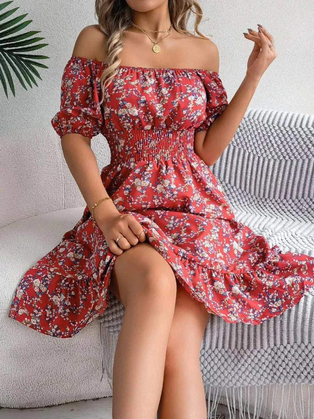 Ruffled Hem Floral Puff Sleeve Dress - Trendsi - Flyclothing LLC