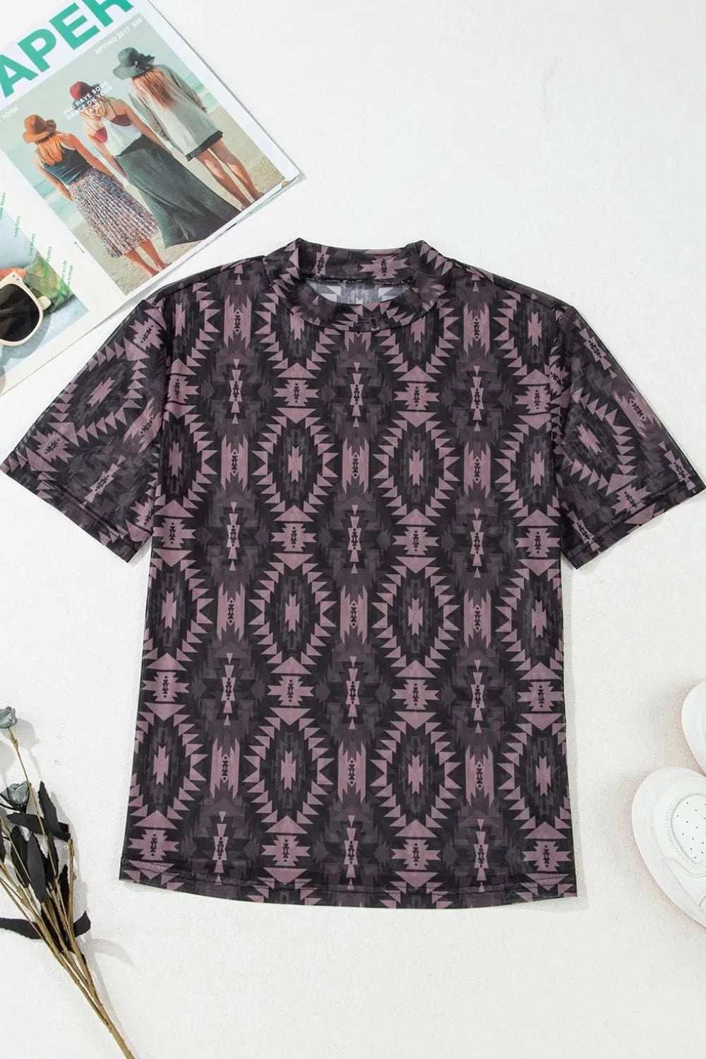 Aztec Print Mock Neck Short Sleeve Mesh T Shirt - Trendsi - Flyclothing LLC