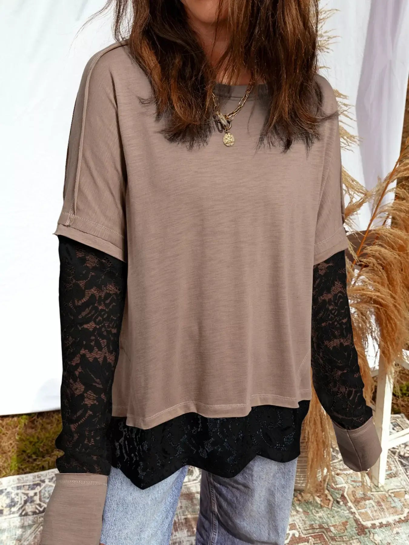 Sheer Lace Patchwork Casual Long Sleeve Tee - Trendsi - Flyclothing LLC