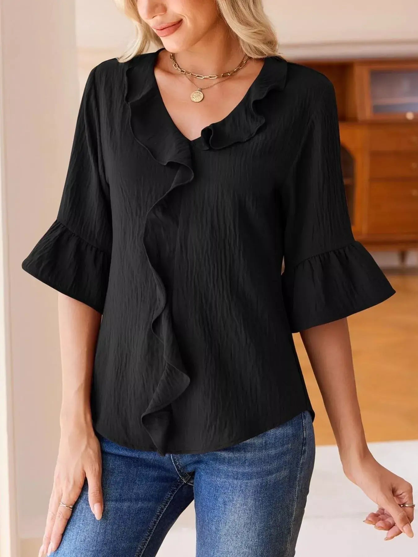 Ruffled Flounce Sleeve Blouse - Trendsi - Flyclothing LLC