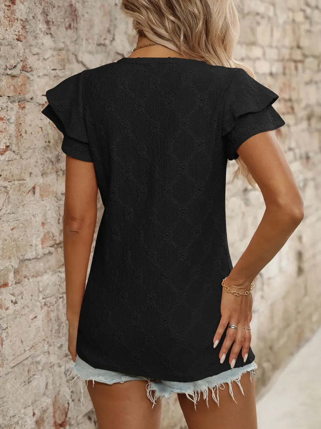 Eyelet V-Neck Ruffled Cap Sleeve Top - Trendsi - Flyclothing LLC