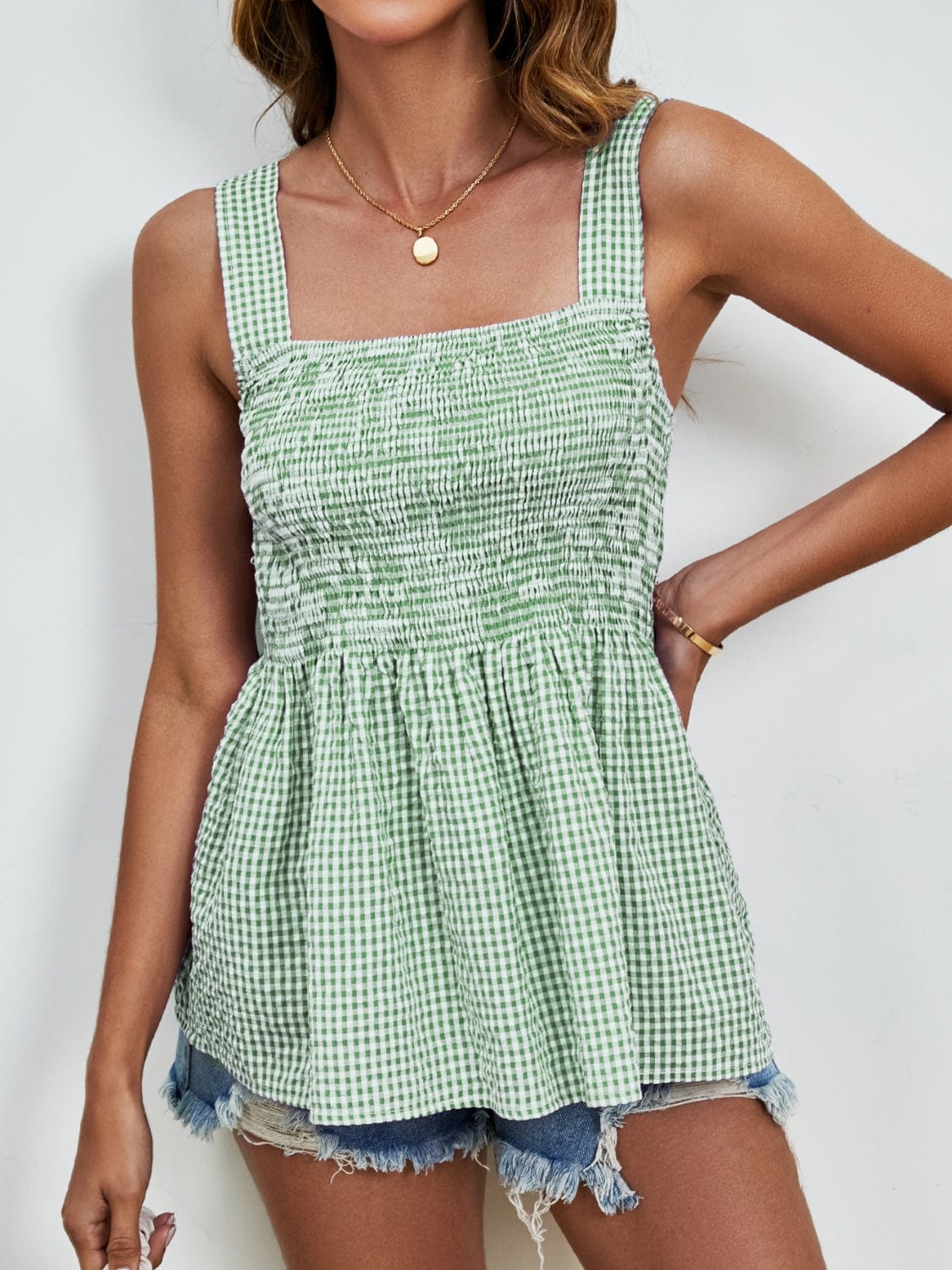 Smocked Plaid Square Neck Tank Trendsi