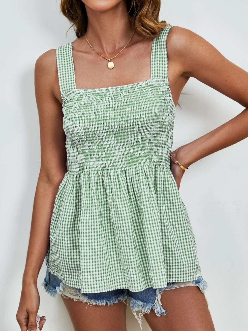 Smocked Plaid Square Neck Tank - Trendsi - Flyclothing LLC