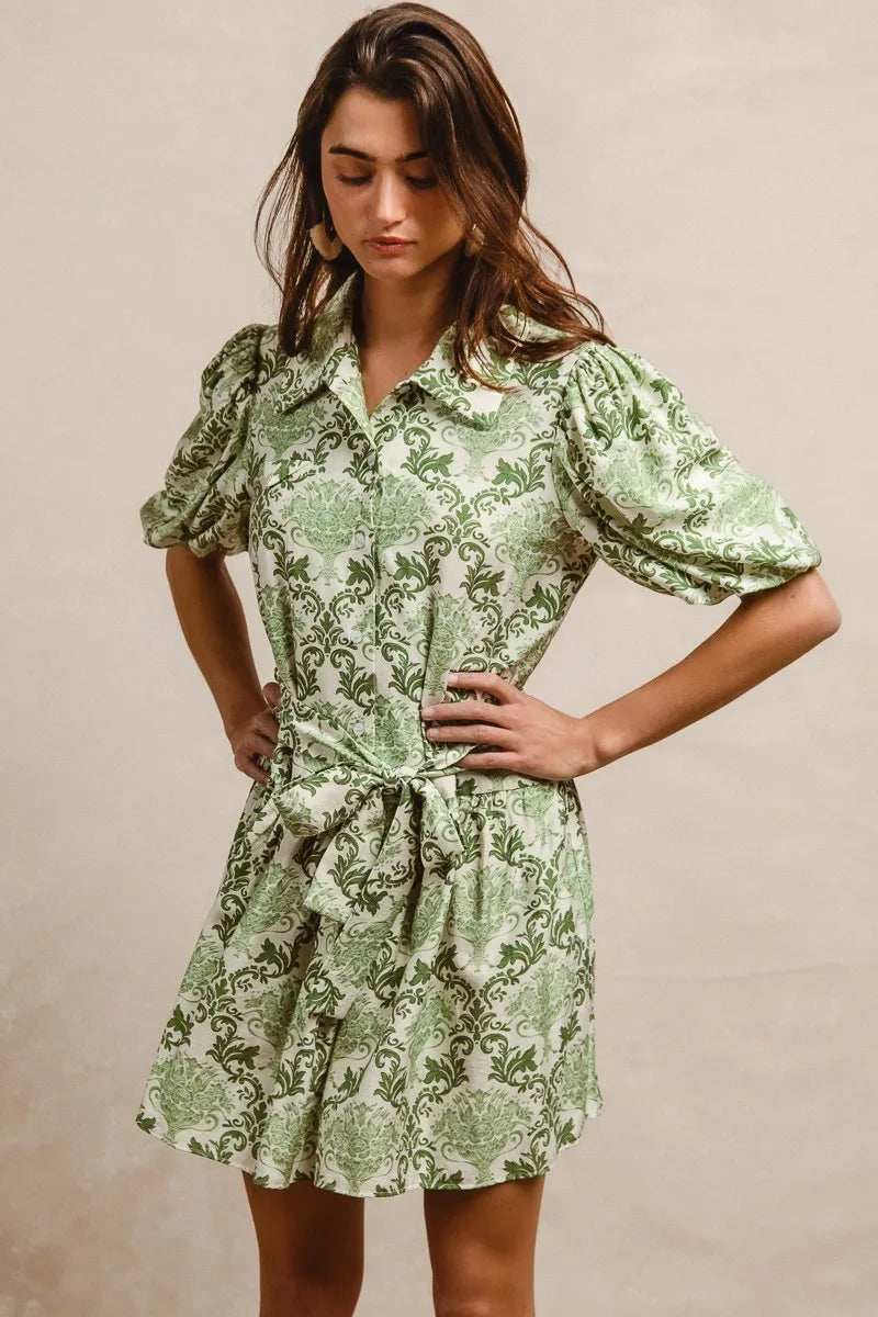 BiBi Tied Floral Short Sleeve Mini Shirt Dress - Trendsi - Flyclothing LLC
