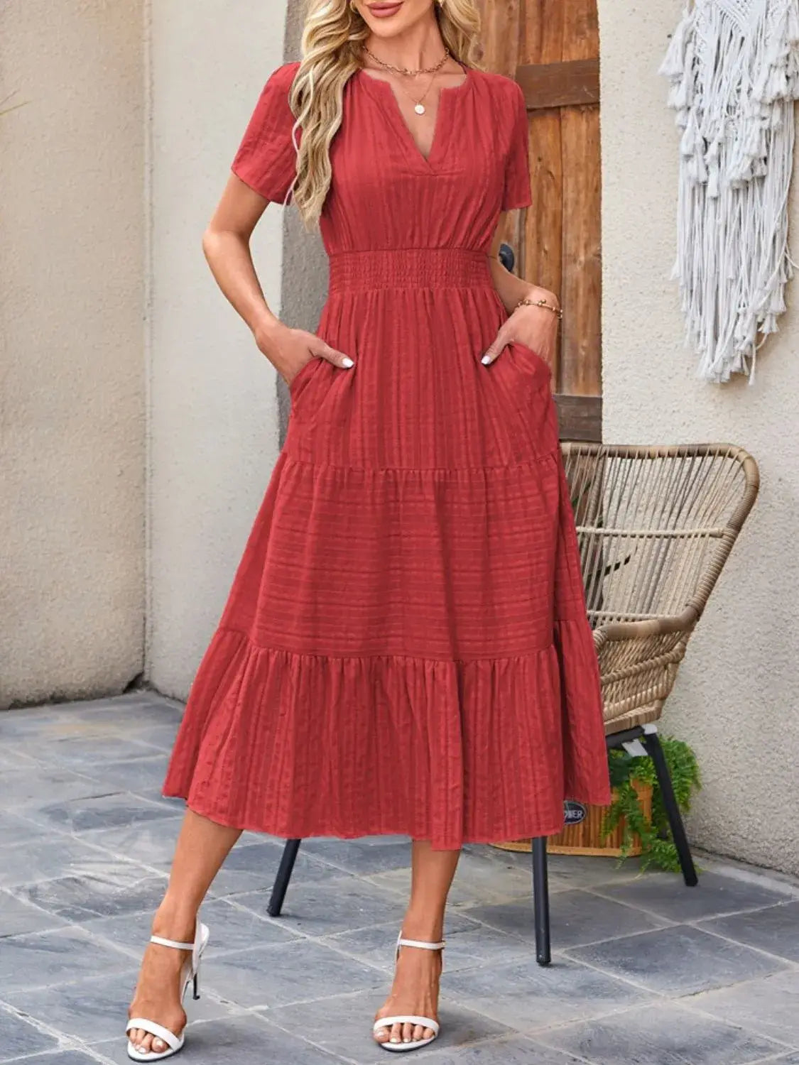 Tiered Notched Short Sleeve Dress - Trendsi - Flyclothing LLC