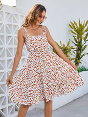Printed Square Neck Tie Shoulder Dress - Trendsi