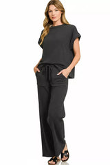 Zenana Cotton Slub Short Sleeve Tee and Pants Set - Trendsi - Flyclothing LLC