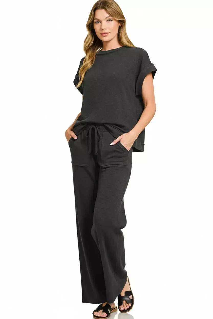 Zenana Cotton Slub Short Sleeve Tee and Pants Set - Trendsi - Flyclothing LLC