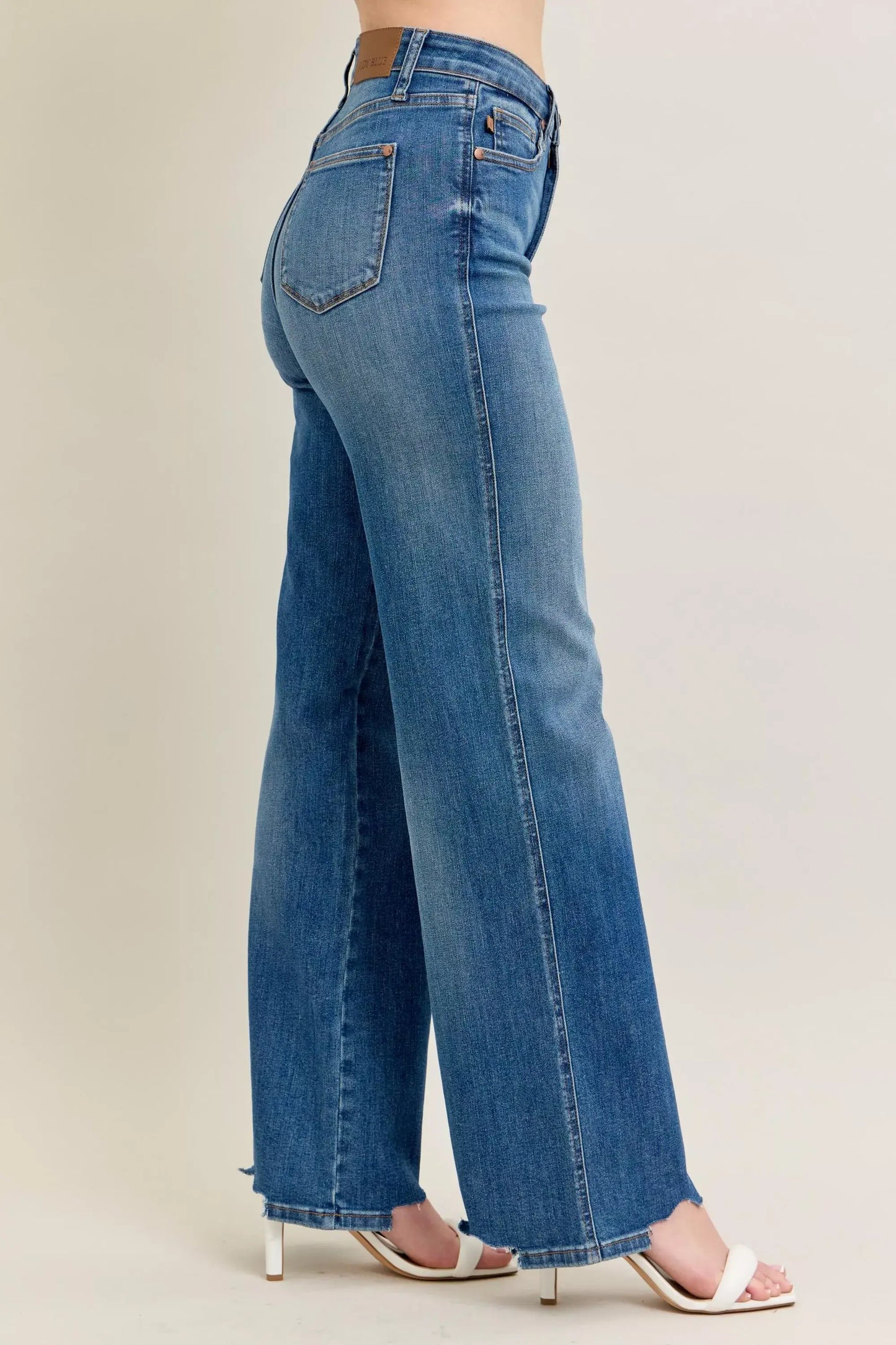Judy Blue Full Size High Waist Tummy Control Chew Hem Destroy Wide Jeans Plus Size - Trendsi - Flyclothing LLC