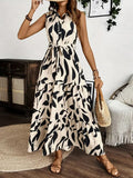 Printed Tie Waist Sleeveless Maxi Dress - Trendsi