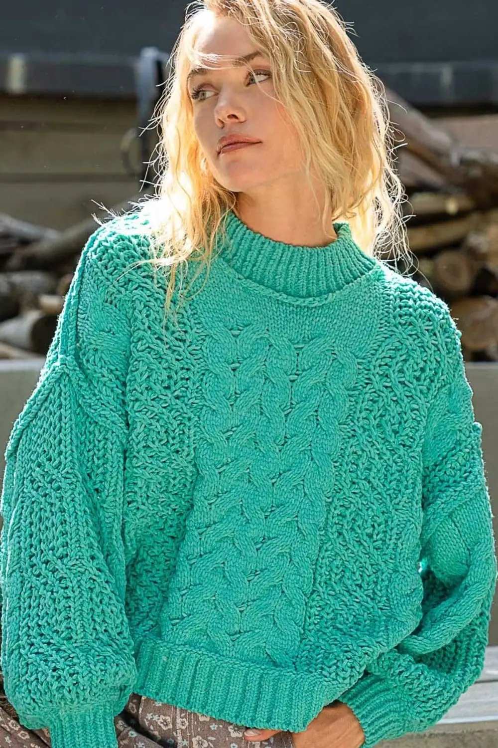 POL Mock Neck Cable Knit Sweater - Trendsi - Flyclothing LLC