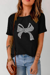 Rhinestone Bow Graphic Round Neck Short Sleeve T-Shirt - Trendsi - Flyclothing LLC