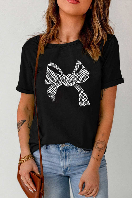 Rhinestone Bow Graphic Round Neck Short Sleeve T-Shirt - Trendsi - Flyclothing LLC