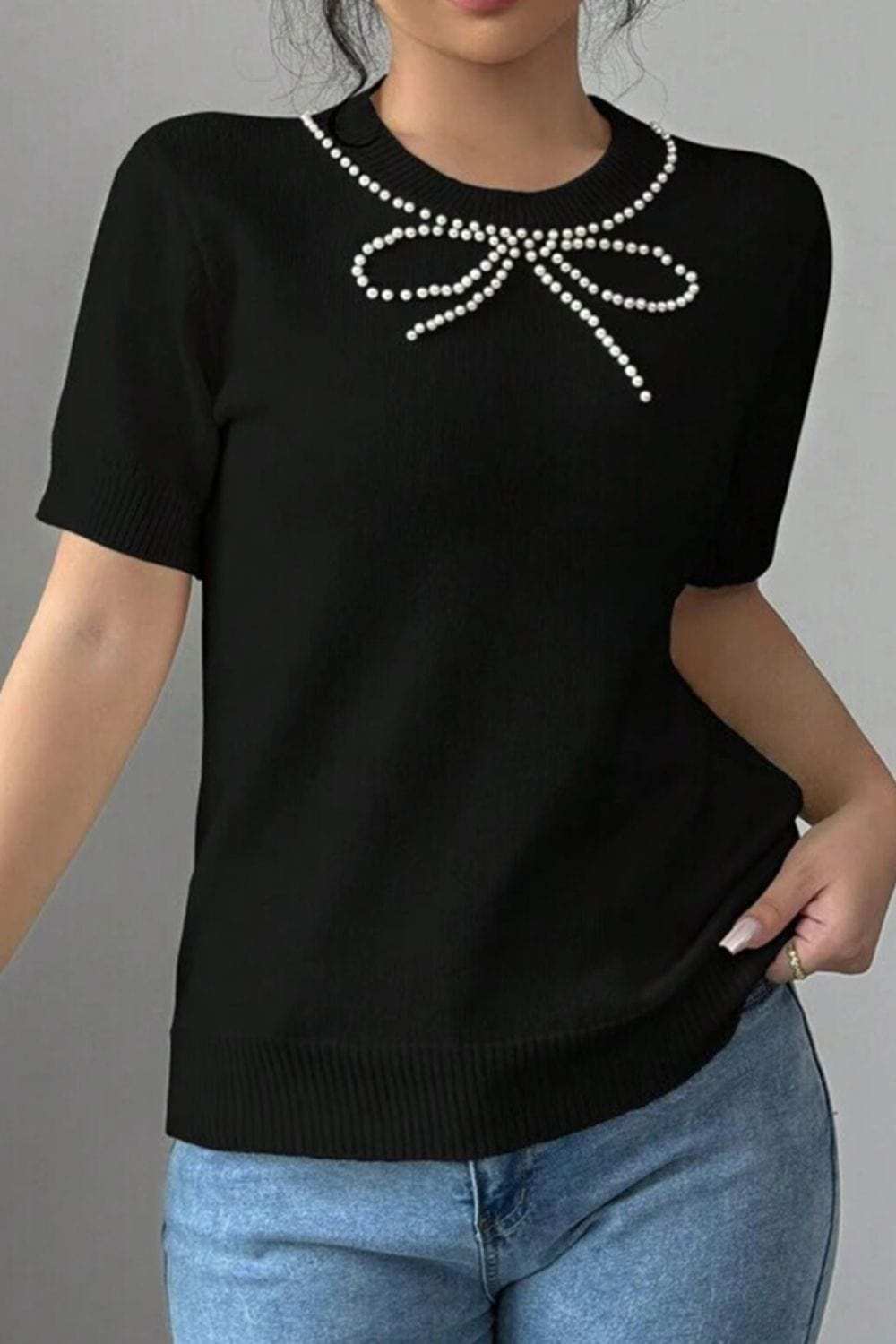 Pearl Bow Necklace Embellished Short Sleeve Knit Top - Trendsi - Flyclothing LLC