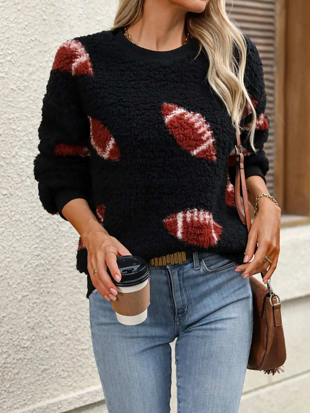 Fuzzy Football Round Neck Dropped Shoulder Sweater - Trendsi - Flyclothing LLC