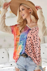BiBi Print Block V Neck Top with Contrast Stitching - Trendsi - Flyclothing LLC