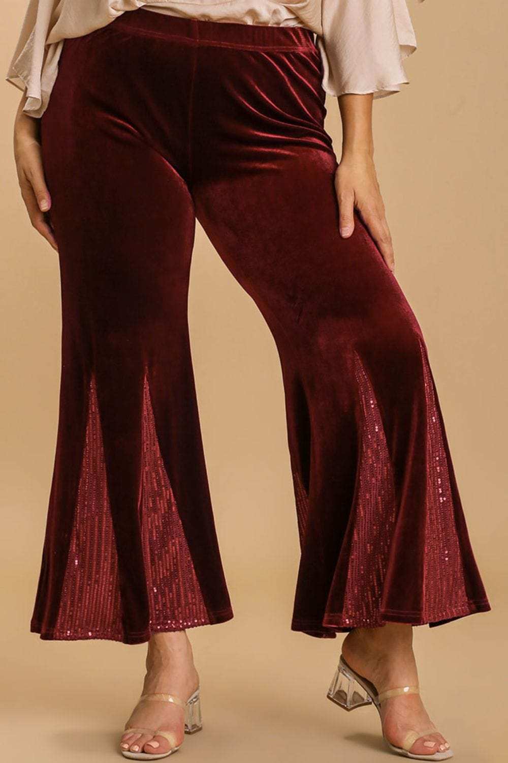 Umgee Full Size Sequin Elastic Waist Velvet Stretch Flare Leg Pants Plus Size - Trendsi - Flyclothing LLC