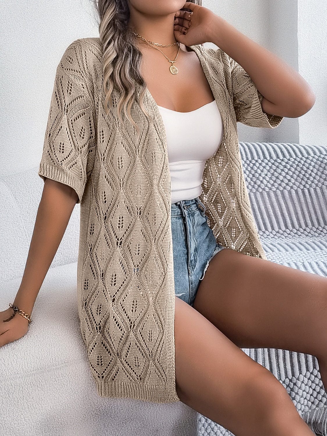 Openwork Open Front Half Sleeve Cardigan - Trendsi