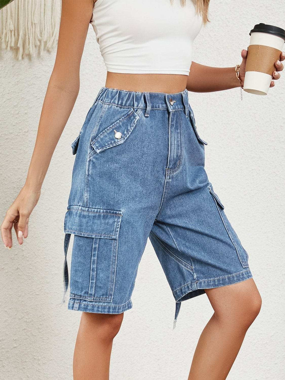 High Waist Denim Shorts with Pockets - Trendsi - Flyclothing LLC