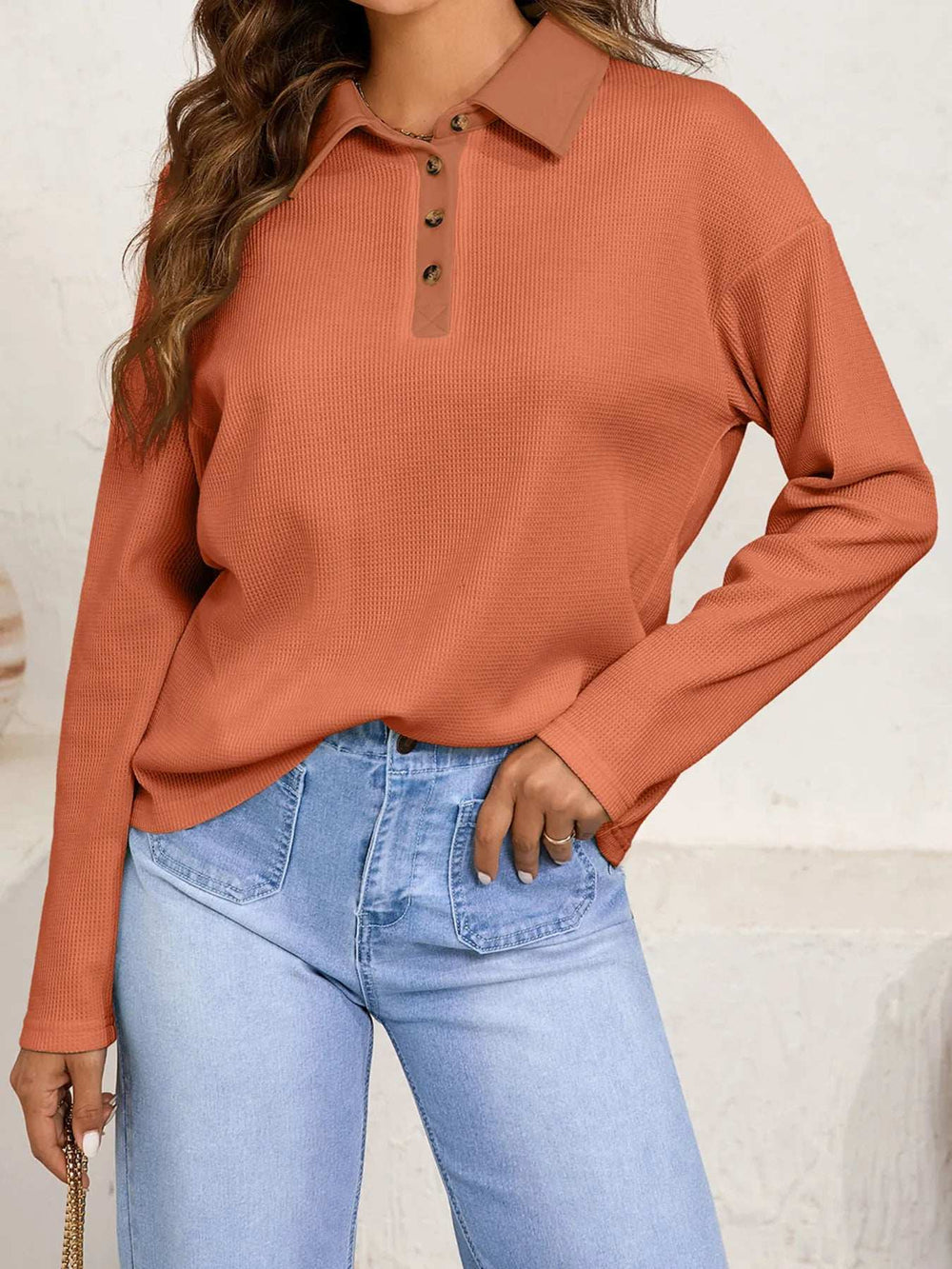 Long Sleeve Thermal Knit Polo Top - Trendsi - Flyclothing LLC