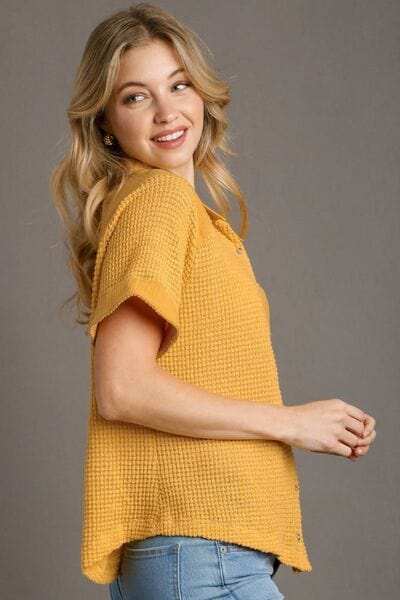Umgee Full Size Waffle-Knit Short Sleeve Button Down Shirt Plus Size - Trendsi - Flyclothing LLC