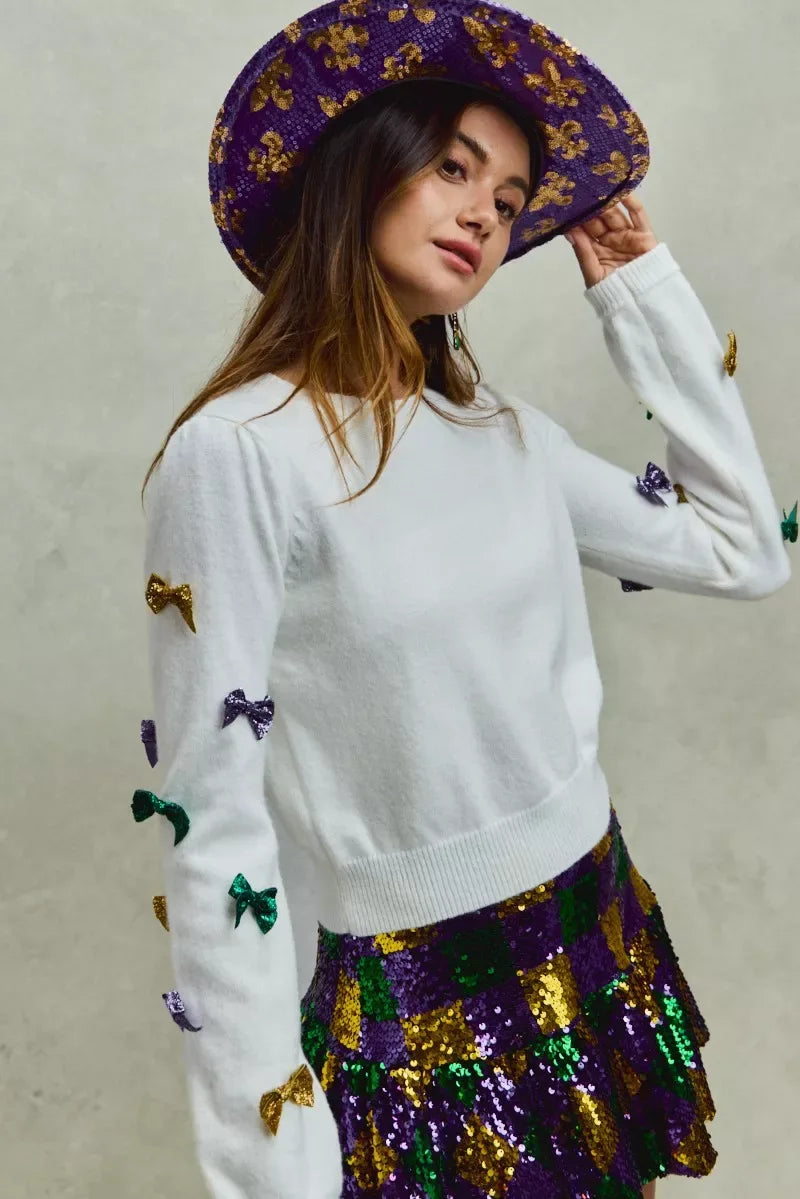 SO ME Mardi Gras Glitter Bow Ribbon Sweater Knit Top - Trendsi - Flyclothing LLC