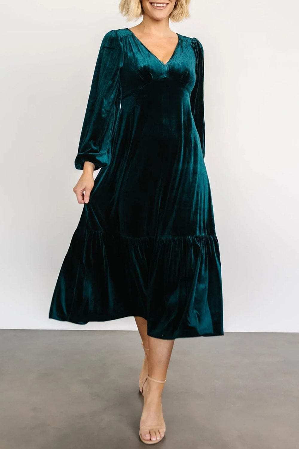V-Neck Long Sleeve Midi Velvet Dress - Trendsi - Flyclothing LLC