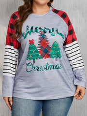 Plus Size Christmas Tree Plaid Round Neck Long Sleeve T-Shirt - Trendsi