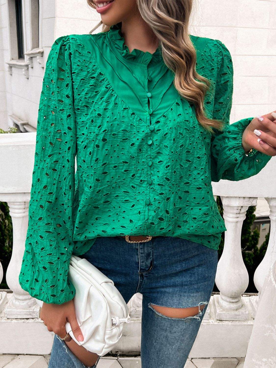 Frill Round Neck Long Sleeve Shirt - Trendsi - Flyclothing LLC