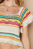 POL Openwork Ethnic Pattern Square Neck Cropped Knit Top - Trendsi