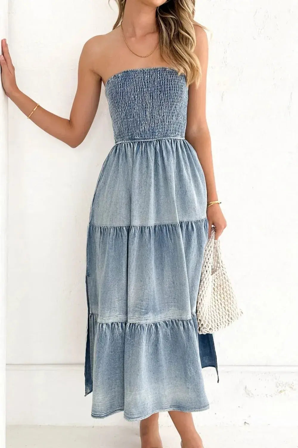 Smocked Tube Slit Tiered Denim Dress - Trendsi - Flyclothing LLC