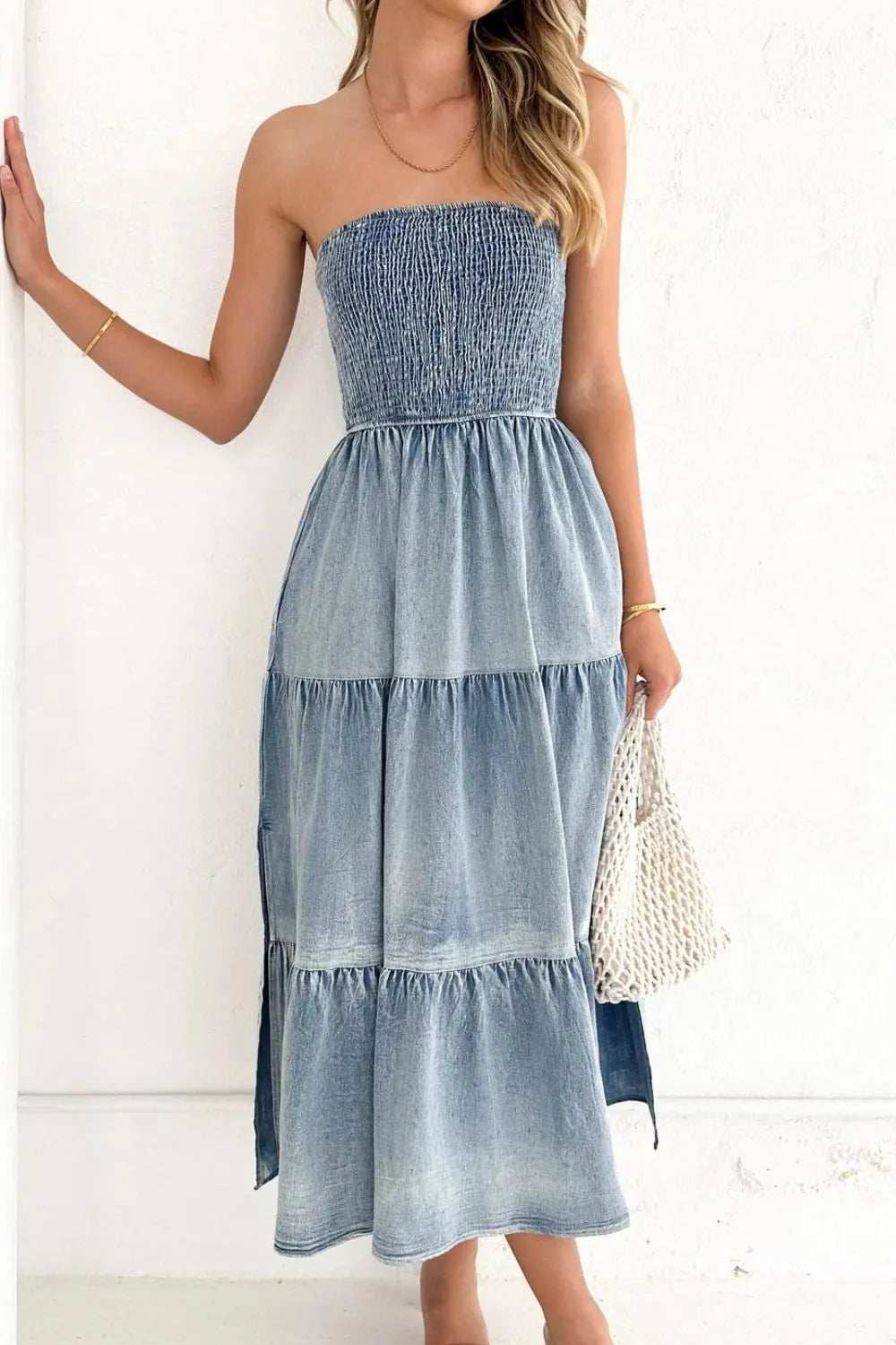 Smocked Tube Slit Tiered Denim Dress - Trendsi - Flyclothing LLC